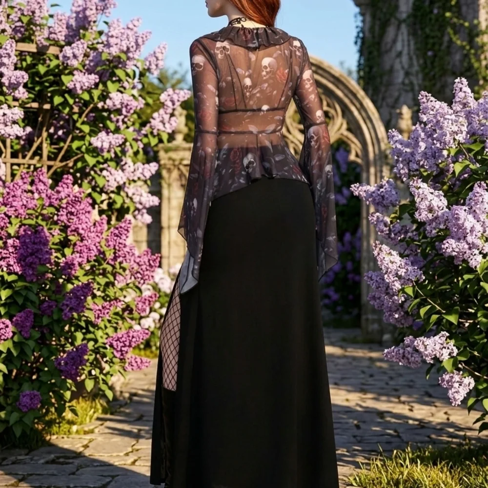 Hot Topic Black Sheer Gothic Skull Ruffle Camisole Top - Picture 3 of 5